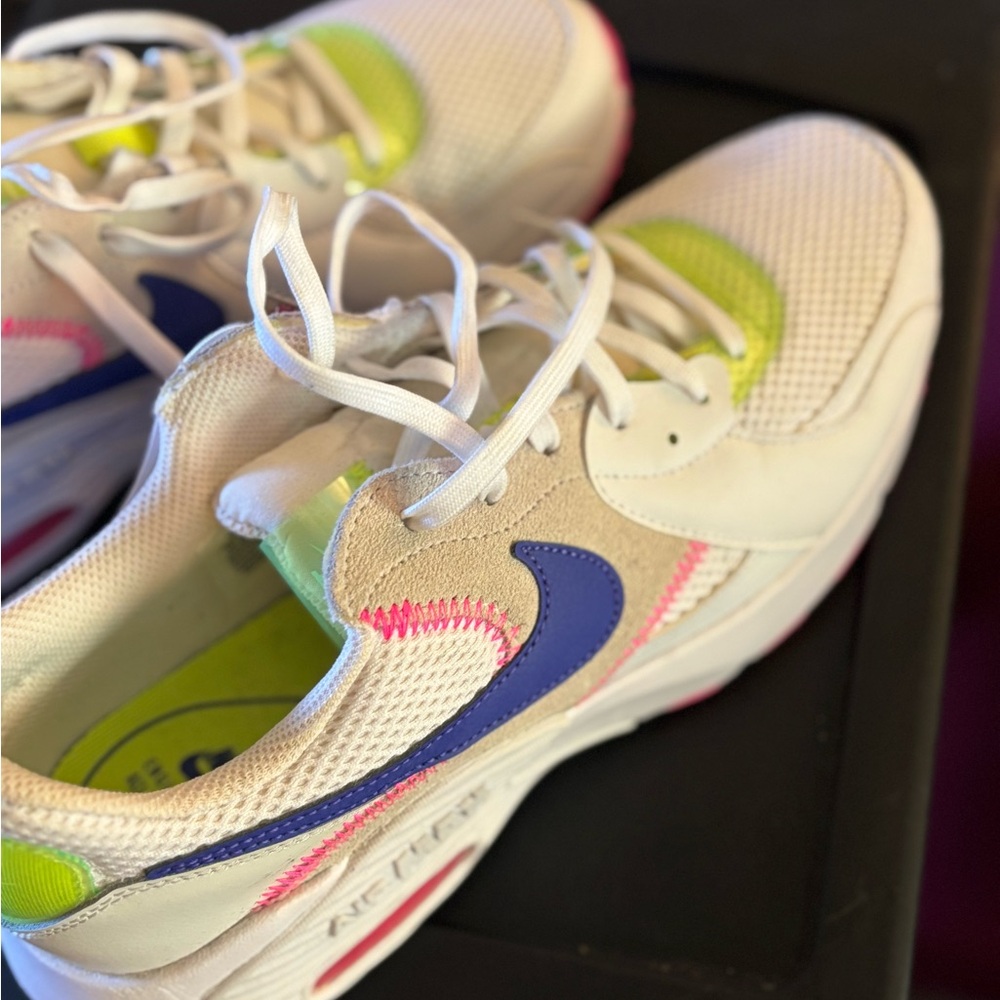 Nike White and Blue Sneakers with Pink and Green Accents